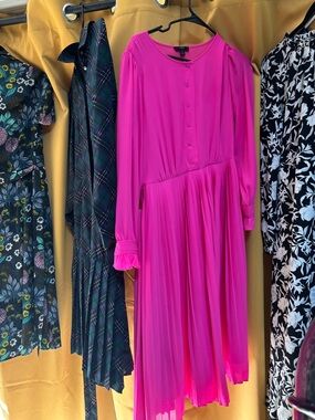 Bright Pink Long Sleeve Pleated Midi Dress